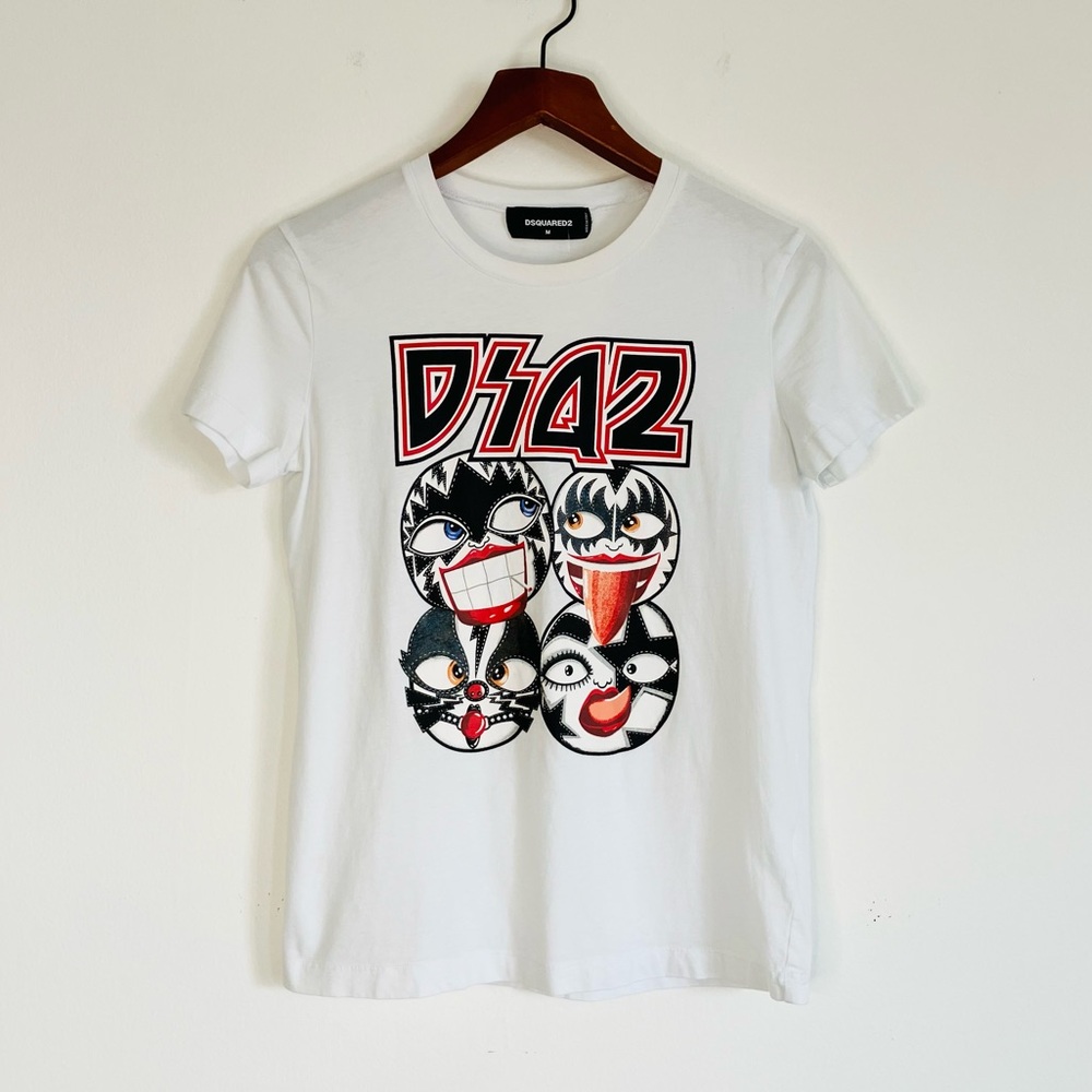 Dsquared2 Kiss Band White Short Sleeve Graphic Print T‑Shirt Size Medium
